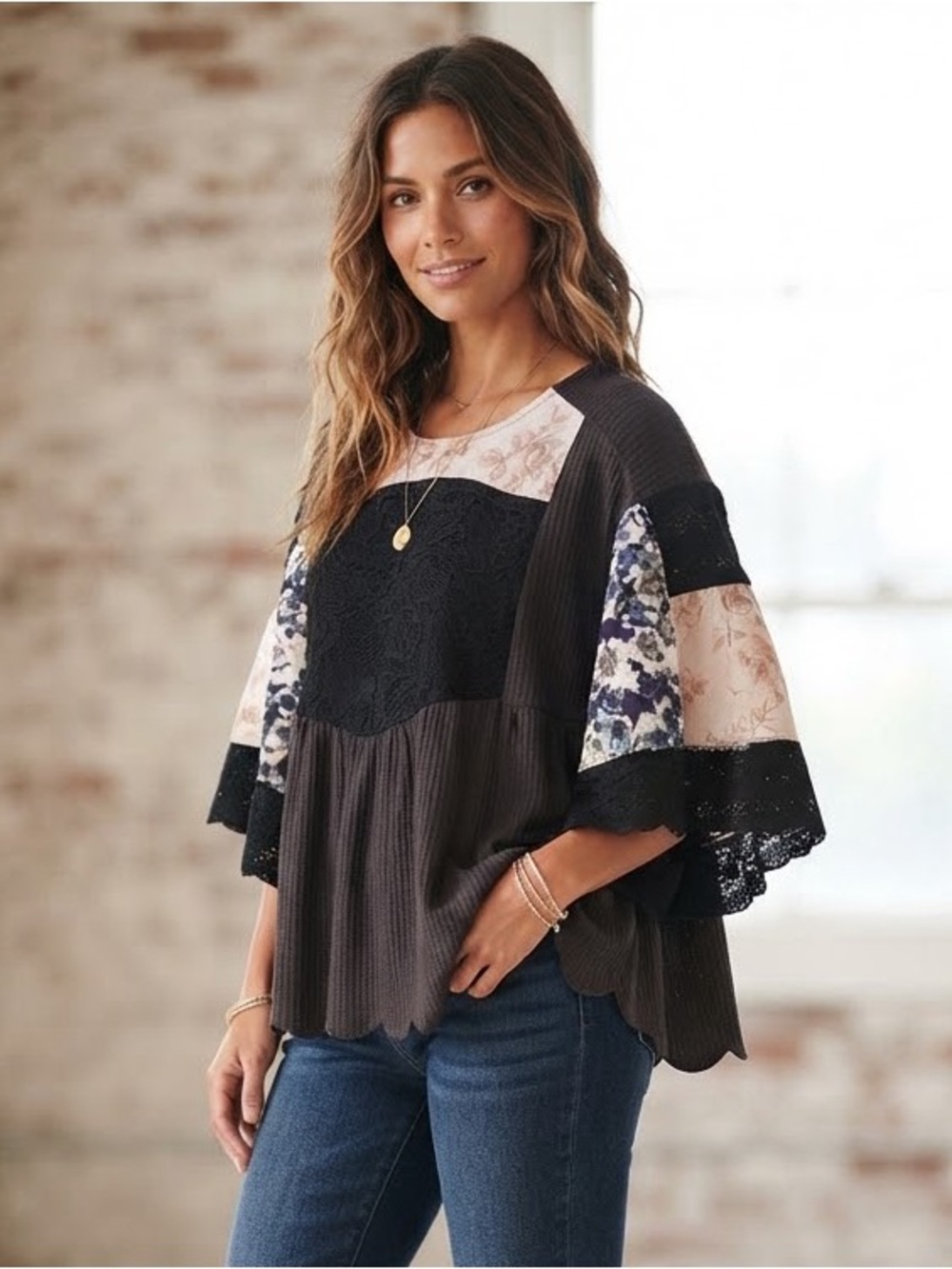 POL Boho Patchwork Lace Flare Sleeve Top - Black & Cream